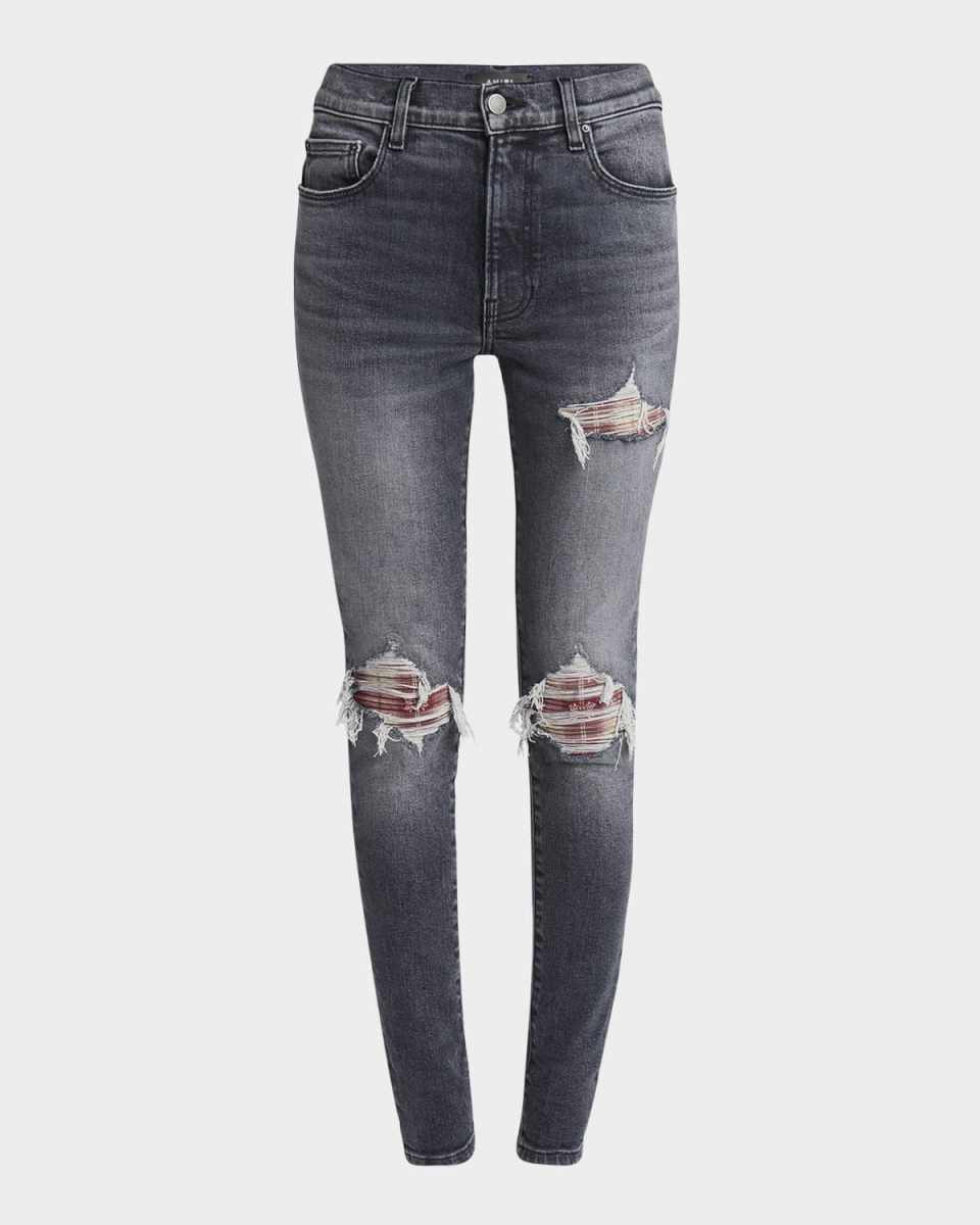 MA Quad Flannel-Inset Distressed Skinny-Leg Jeans